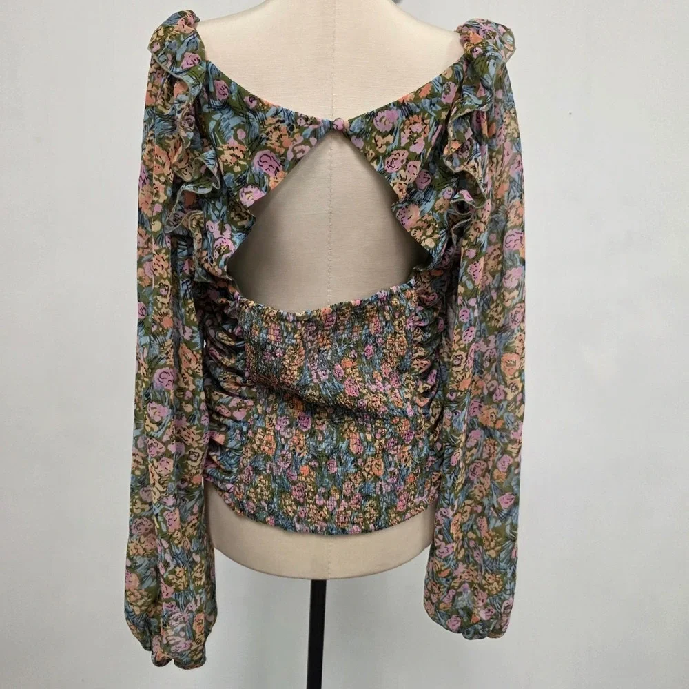 Free People Mabel Garden Top Size L‎ Smocked Puff Sleeve Romantic Renaissance